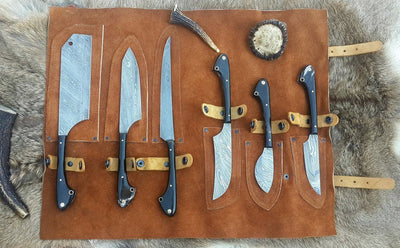 Artisan 6-Piece Damascus Steel Knife Collection with Buffalo Horn Handles for Game Processing - Korvel