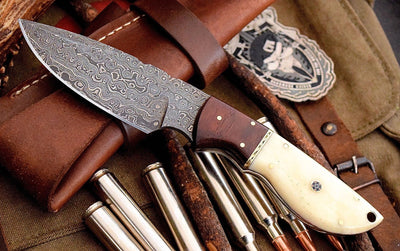 Artisan Damascus Deer Skinning Knife – Elegant Rosewood & Bone Handle, 8.5" with Leather Sheath - Korvel