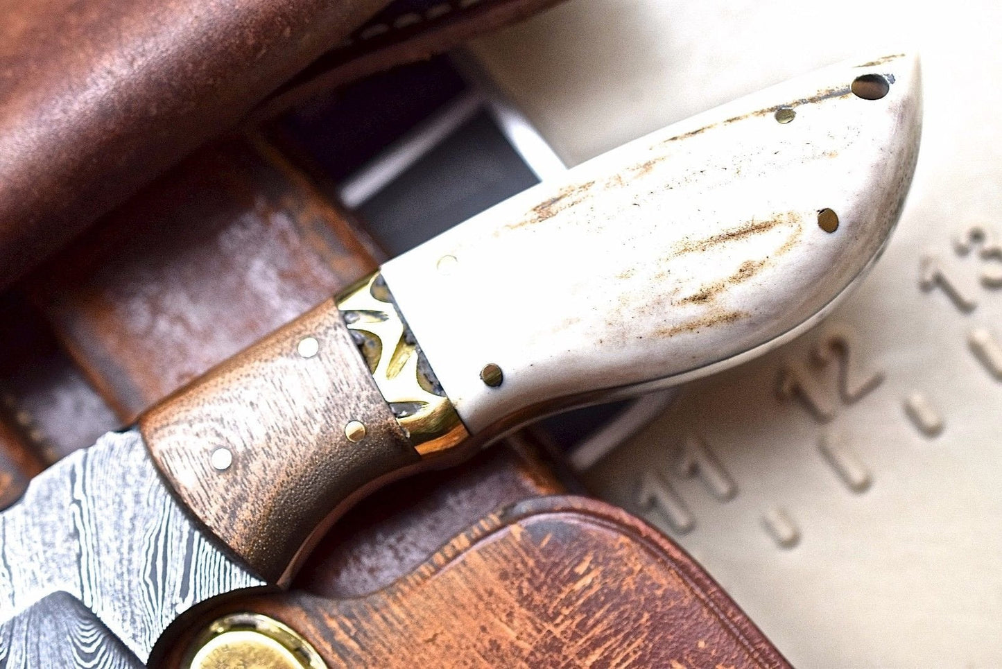Exquisite Custom Damascus Wood Hunting Knife with New Zealand Red Stag Handle - Korvel