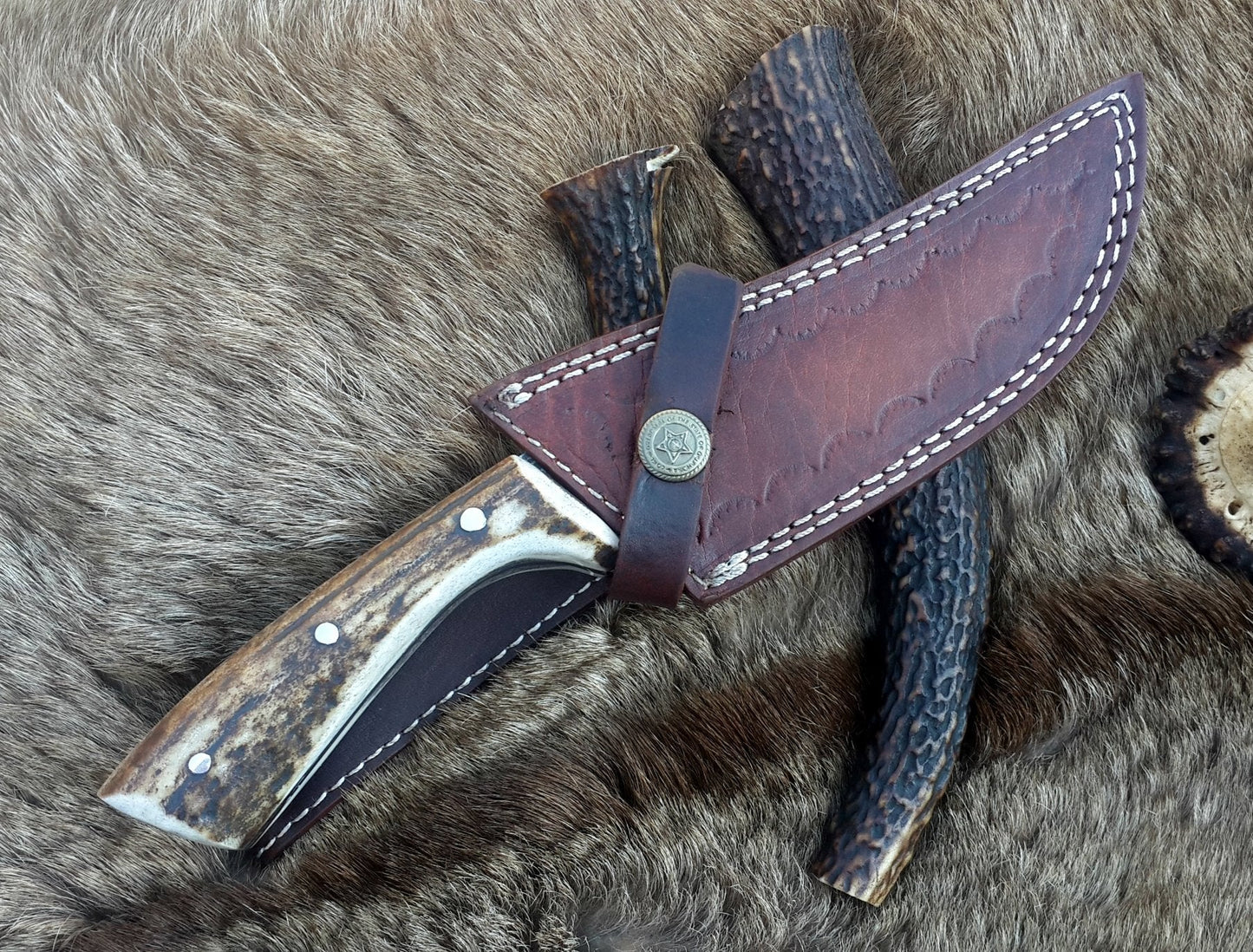 Premium Handcrafted Damascus Steel Knife with Stag Horn Handle - Korvel