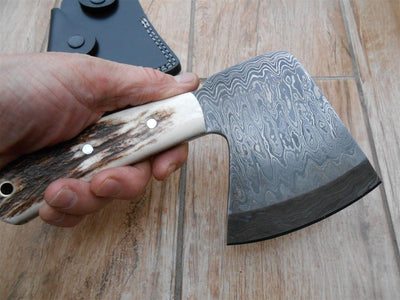 Premium Handmade Damascus Steel Mini Axe with Antler Handle - Korvel