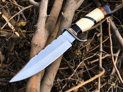 Premium Hunting Bowie Knife | D2 Steel Blade | Artistic Handle with Damascus Guard | 13 Inches | Leather Sheath Included | KBS Knives Store - Korvel