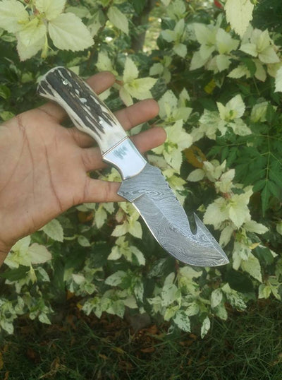 Artisan Crafted Damascus Steel Elk Antler Guthook Knife - Korvel