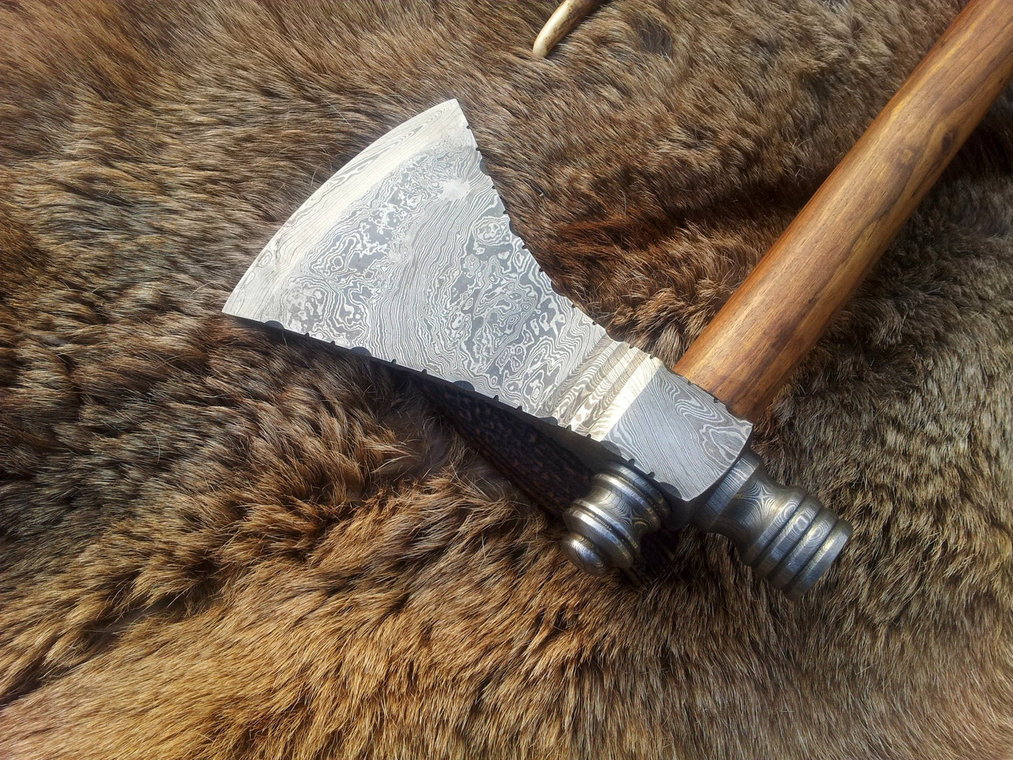 Custom Viking Tomahawk Axe - Damascus Steel with Rosewood Handle & Leather Sheath - Korvel