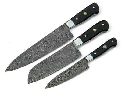 Premium Custom Raindrop Damascus Steel Chef Knife Set - 3 Pieces - Korvel