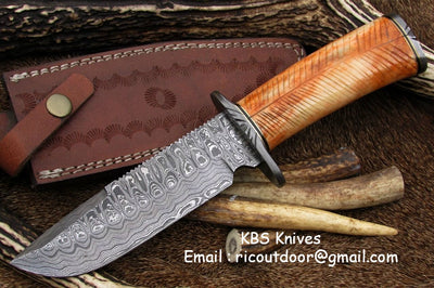 KBS Knives: Exquisite 12-Inch Damascus Hunting Knife with Colorful Camel Bone Handle - Korvel