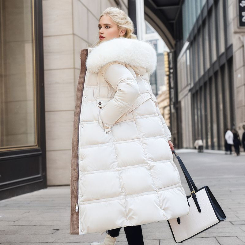 Winter Slim Long Jacket with Fur Hood for Women