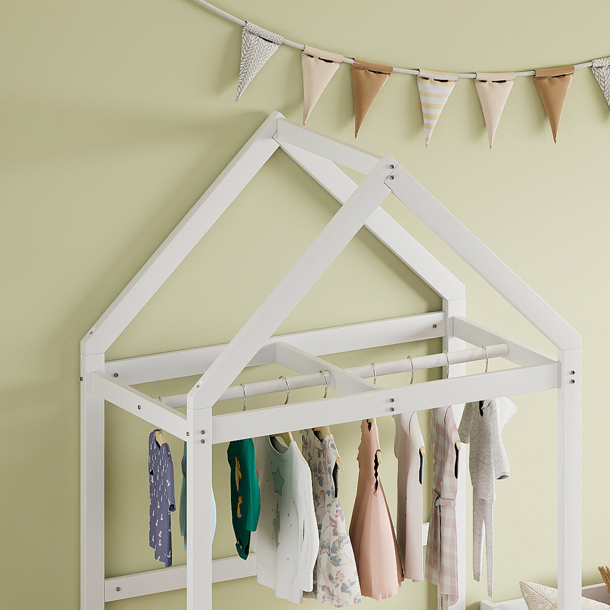 Wooden Twin Size Children's Bed with Detachable Headboard and Integrated Clothes Drying Rack, White - Korvel