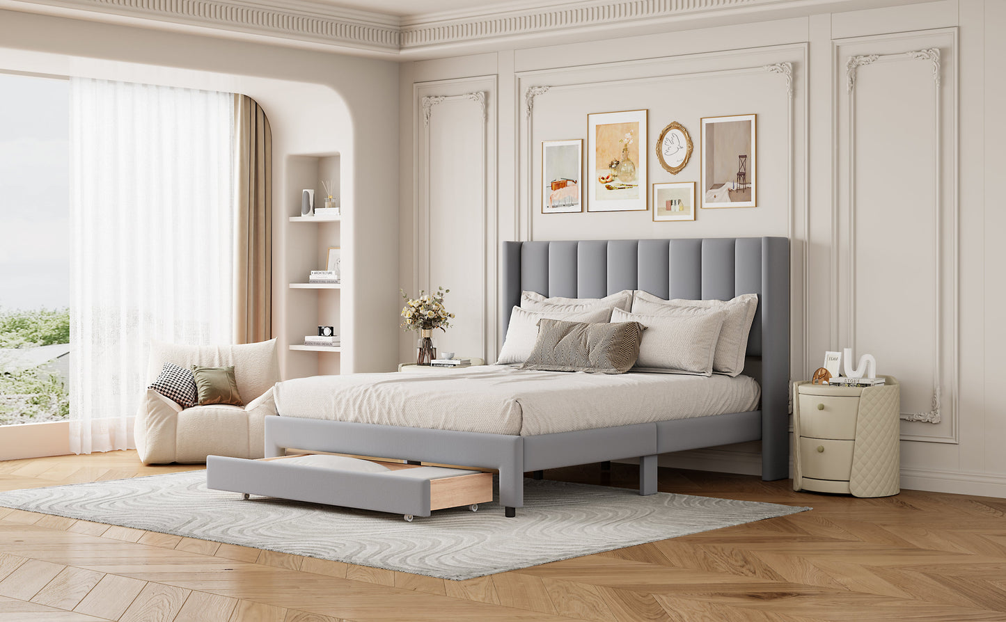 Full Size Storage Bed Velvet Upholstered Platform Bed with a Big Drawer - Gray - Korvel