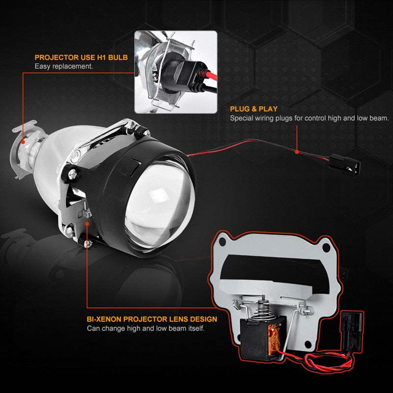 RACBOX 2Pcs 2.5 Inch Universal Bi Xenon HID Projector Lens Silver Black Shroud H1 Xenon LED Bulb H4 H7 Motorcycle Car Headlight - Korvel