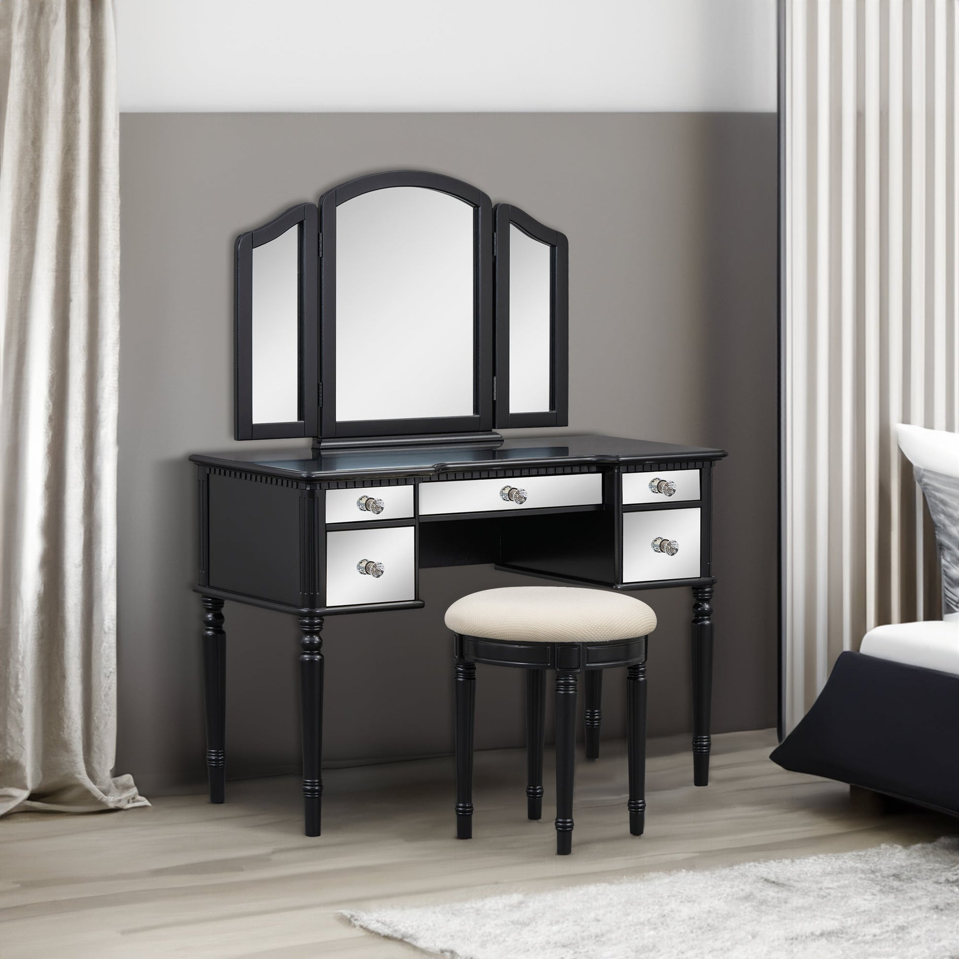 GO 43" Dressing Table Set with Mirrored Drawers and Stool, Tri-fold Mirror, Makeup Vanity Set for Bedroom, Black - Korvel
