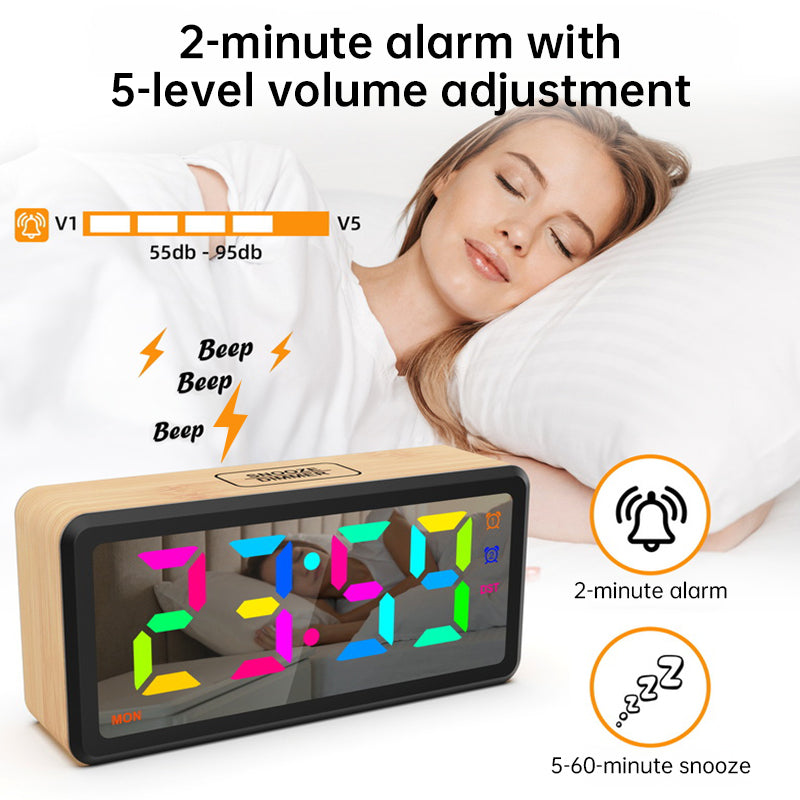 LED Wood-Grain Alarm Clock with RGB Color Display