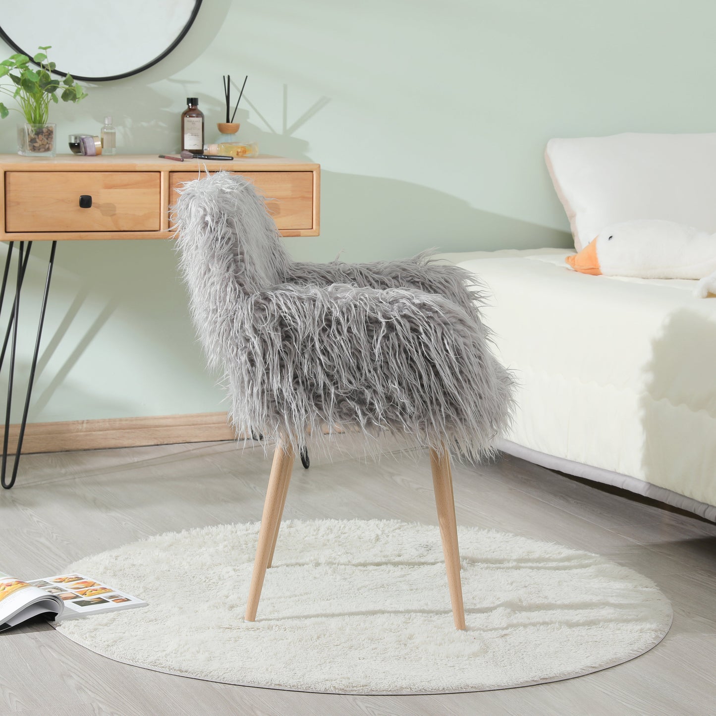 GREY Faux Fur Upholstered Make up chair Side Dining Chair with Metal Leg(GREY+Beech Metal Leg) - Korvel