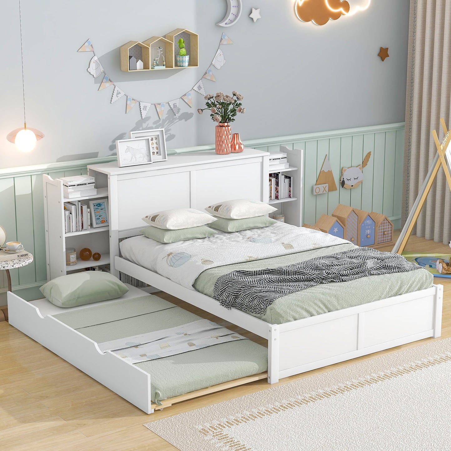 Full Size Storage Platform Bed with Pull Out Shelves and Twin Size Trundle, White - Korvel