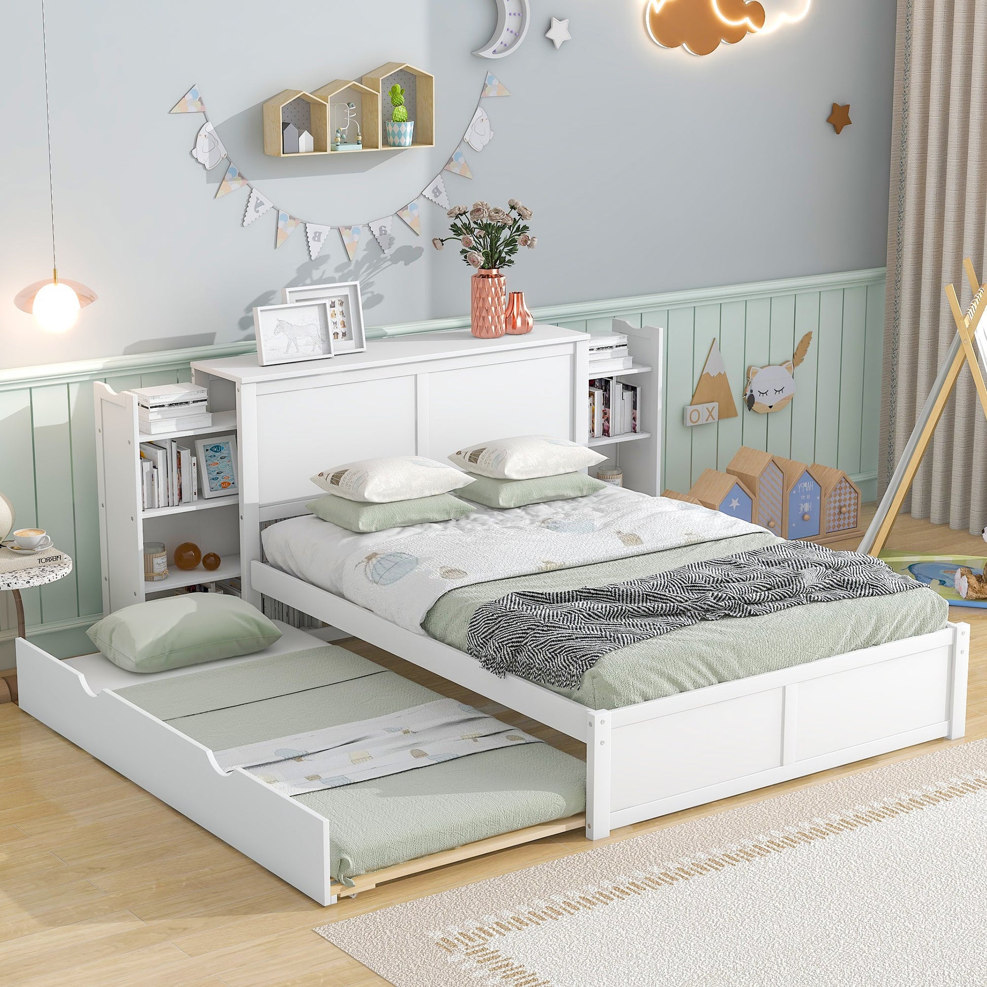 Full Size Storage Platform Bed with Pull Out Shelves and Twin Size Trundle, White - Korvel