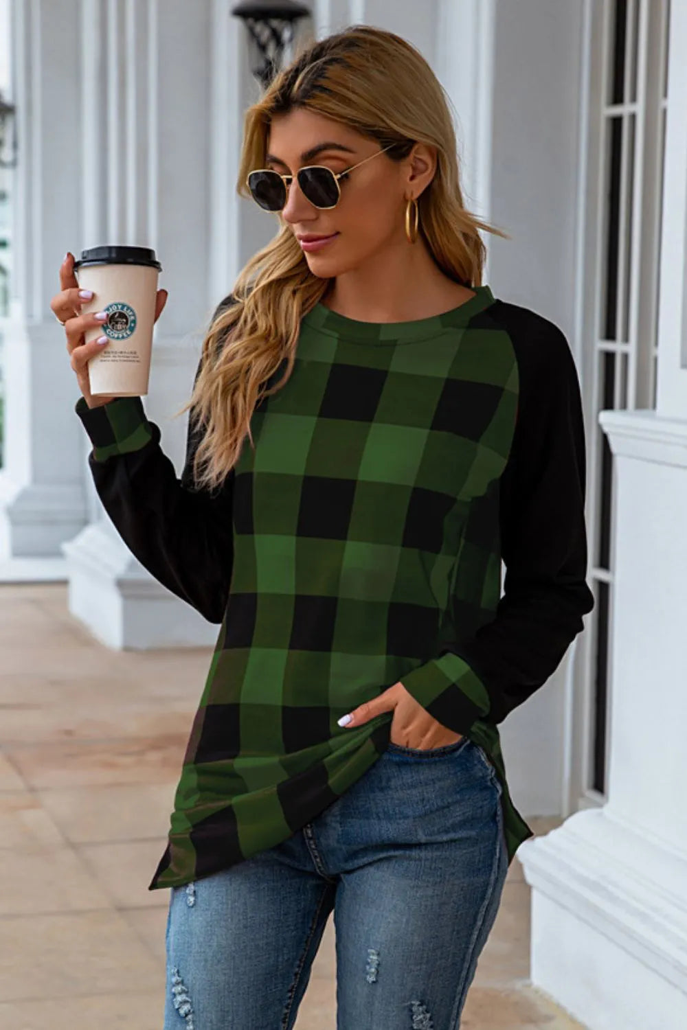 Plaid Round Neck Long Sleeve T-Shirt - Korvel