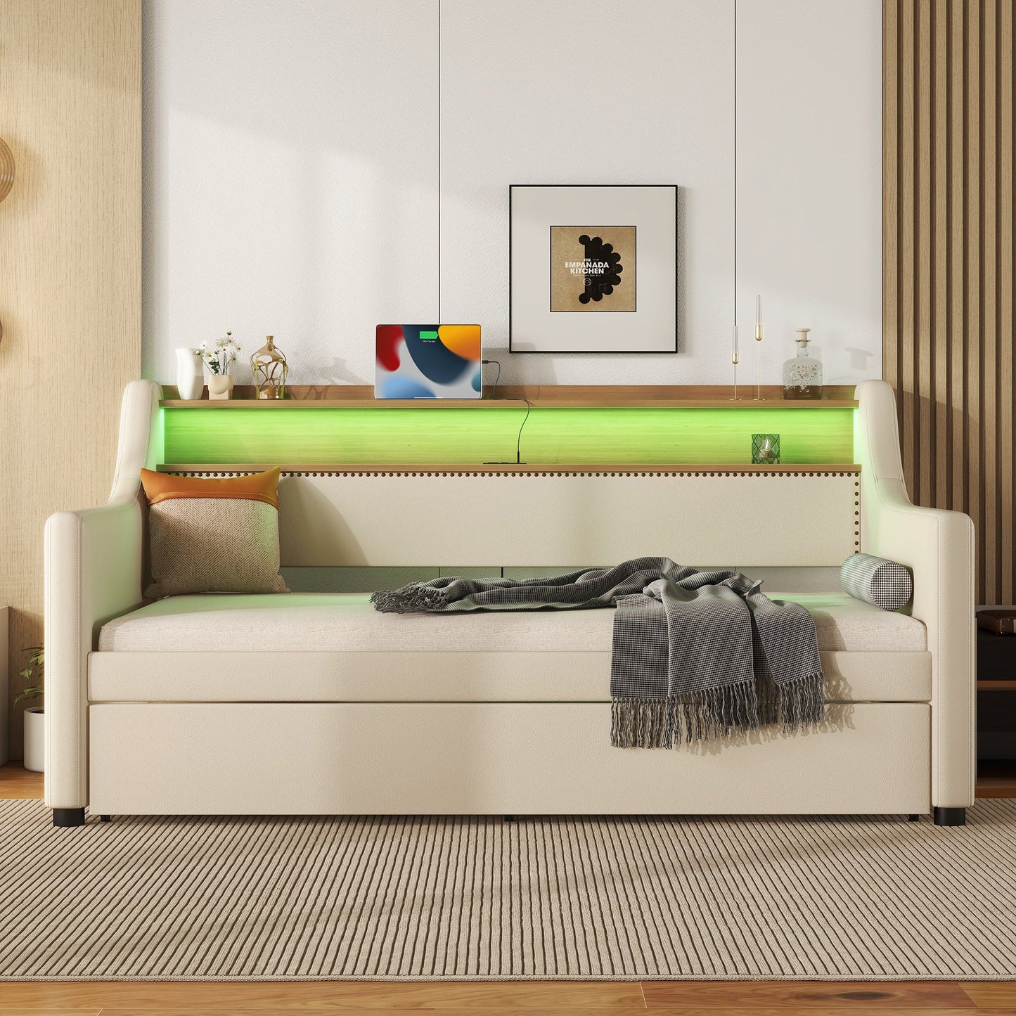 Twin Size Daybed with Trundle, Upholstered Daybed with Charging Station and LED Lights, Beige - Korvel