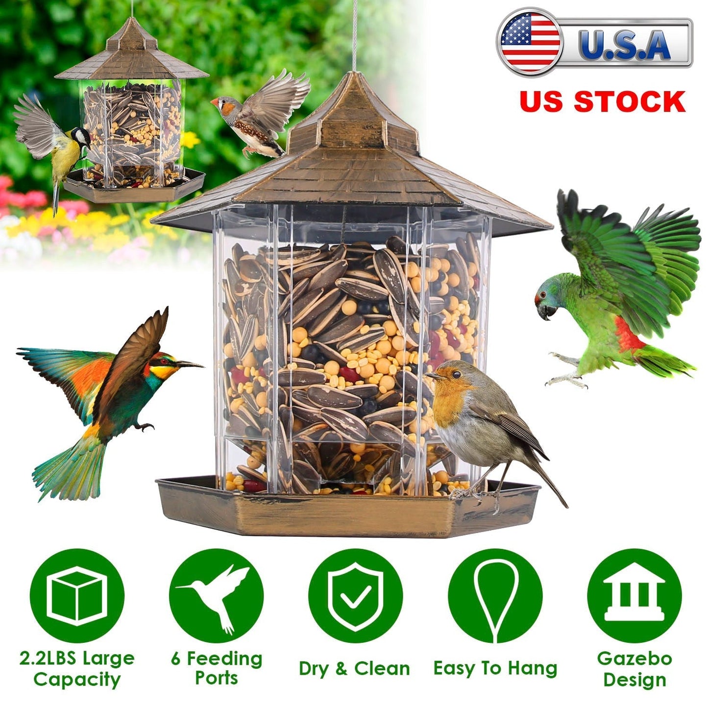 Comedero para Aves Silvestres en Forma de Gazebo Colgante con Gran Capacidad
