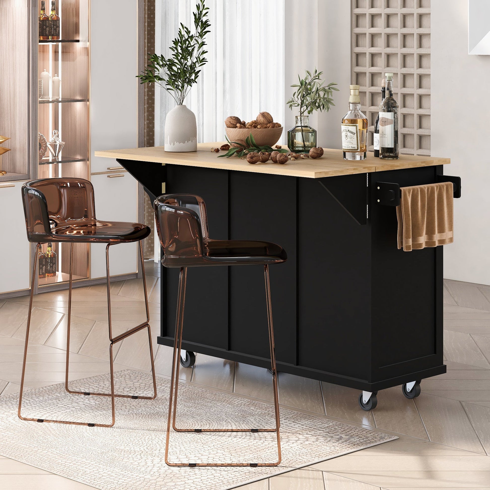 Kitchen trolley with rubber wood leaf countertop, 5-wheel kitchen island, storage cabinet and 3 dining drawers, black - Korvel