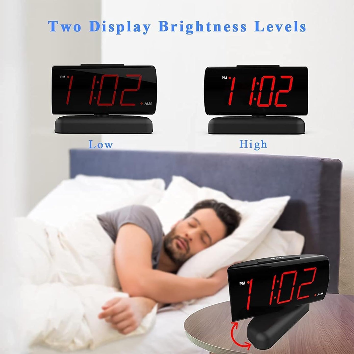 GING YHAU alarm clock large digital rotating base 2-level brightness digital clock bedroom bedside alarm clock - Korvel