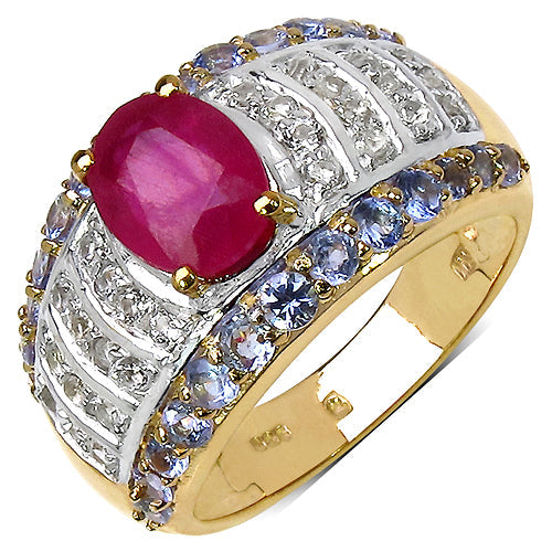 14K Yellow Gold Plated Ruby, Tanzanite & White Topaz Ring