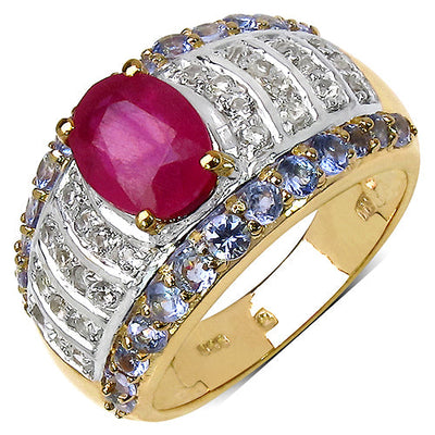 14K Yellow Gold Plated Ruby, Tanzanite & White Topaz Ring