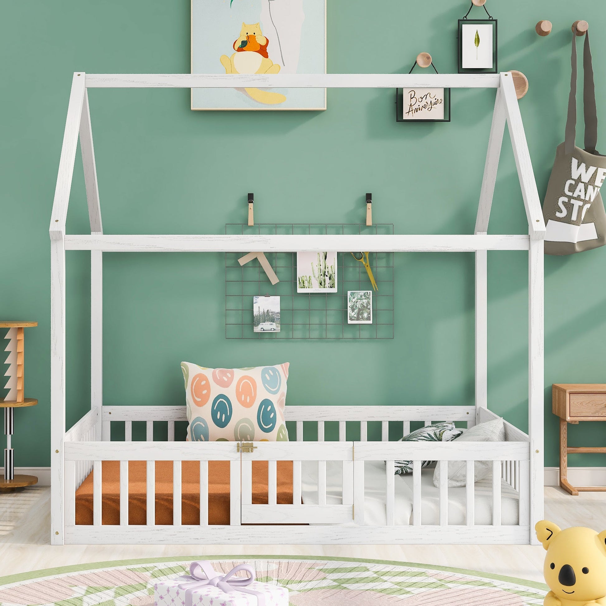 Full Size Wood House Bed with Fence and Door White Wash - Korvel