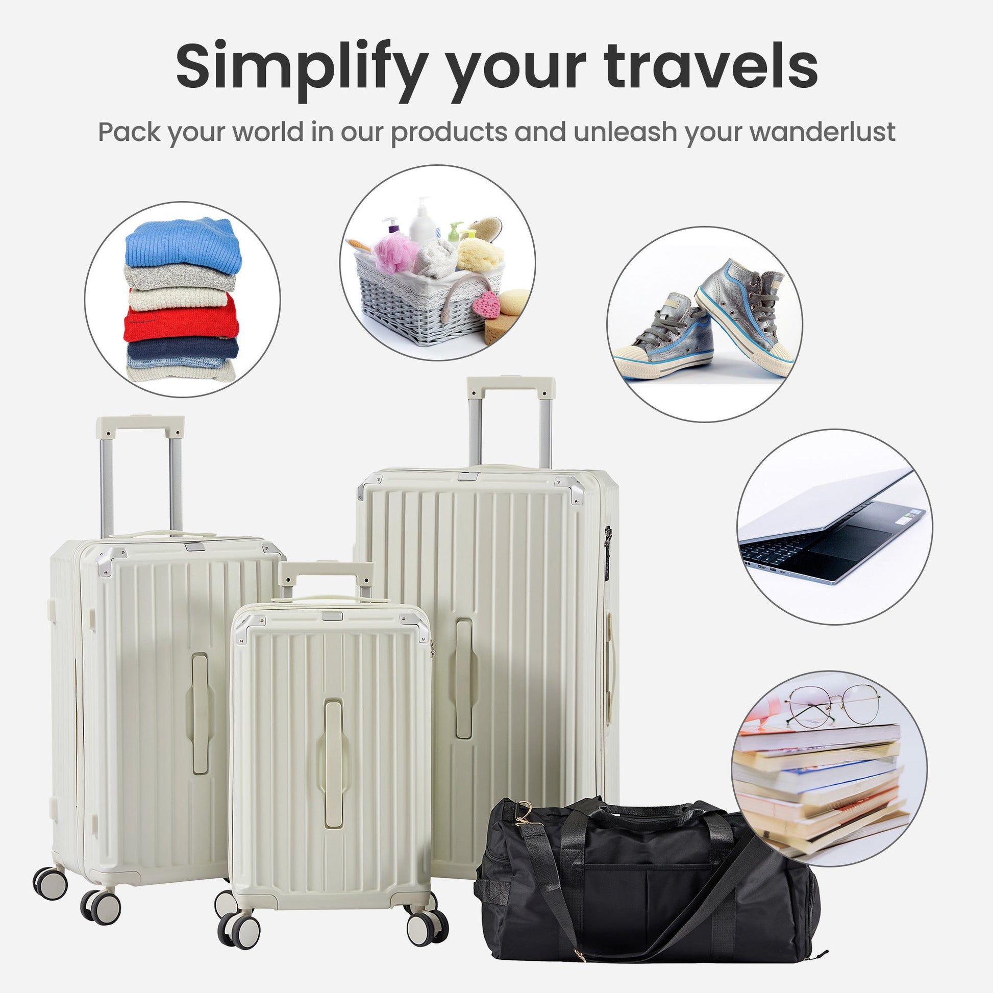 Luggage Set 4 pcs (20"/24"/29"/Travel Bag), PC+ABS Durable Lightweight Luggage with Collapsible Cup Holder、 TSA Lock, White - Korvel