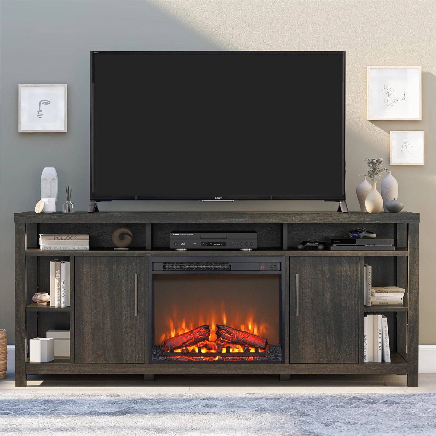 23 inch electric fireplace insert ultra thin heater with log set & realistic flame remote control - Korvel