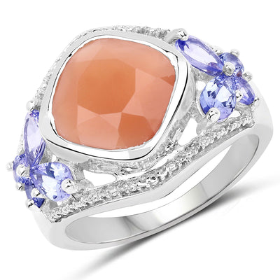 Bague en argent sterling avec pierre de lune pêche et tanzanite de 4,67 carats