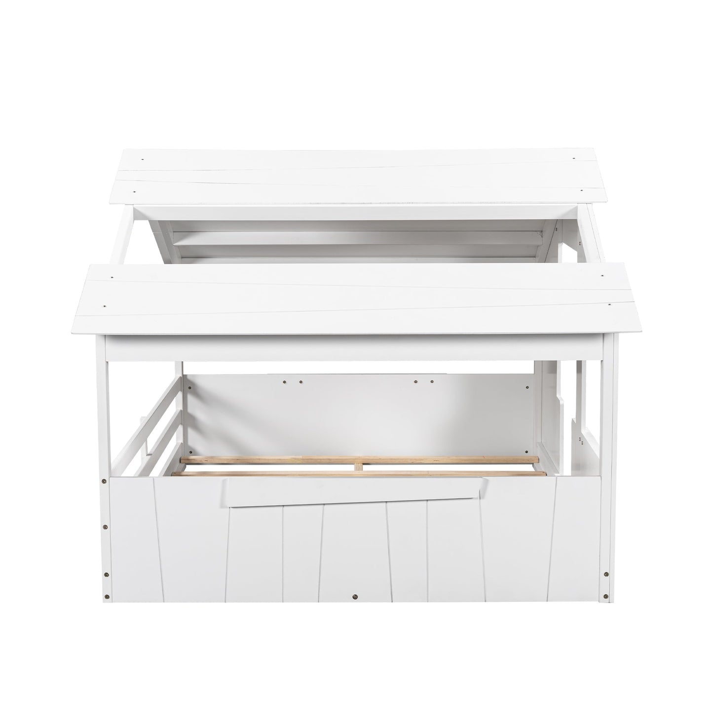 Wood Full Size House Bed with Roof, Window and Guardrail White - Korvel