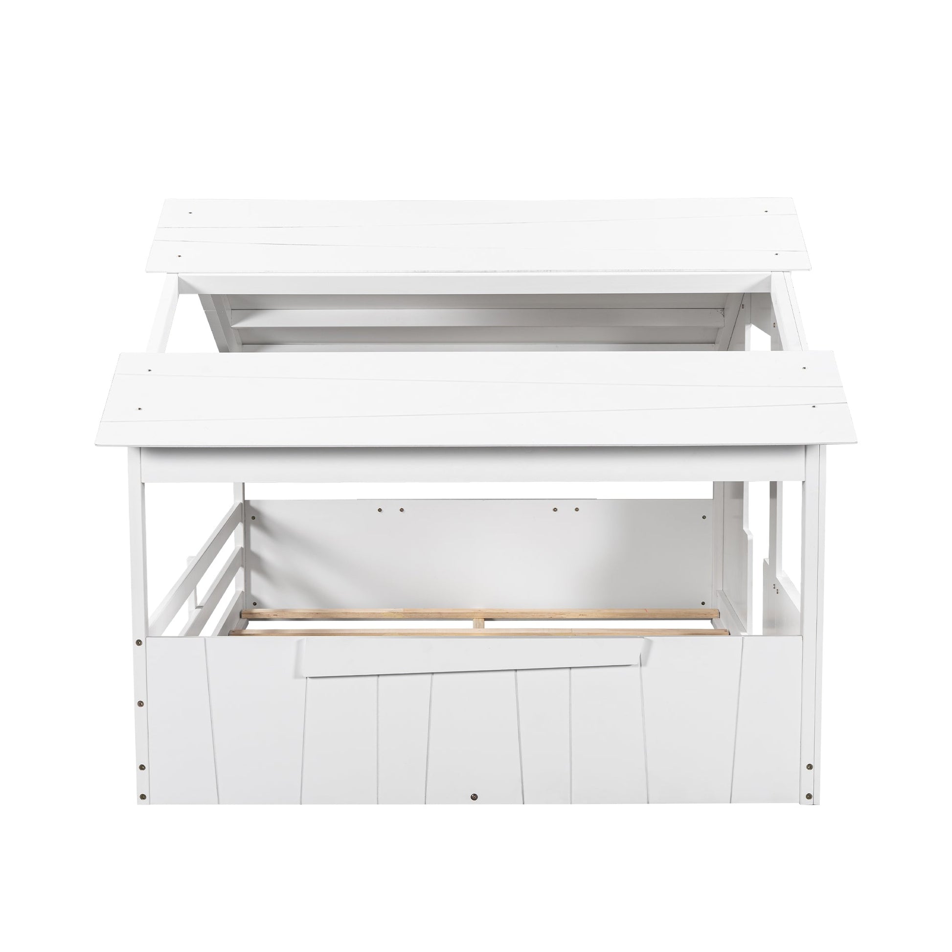 Wood Full Size House Bed with Roof, Window and Guardrail White - Korvel