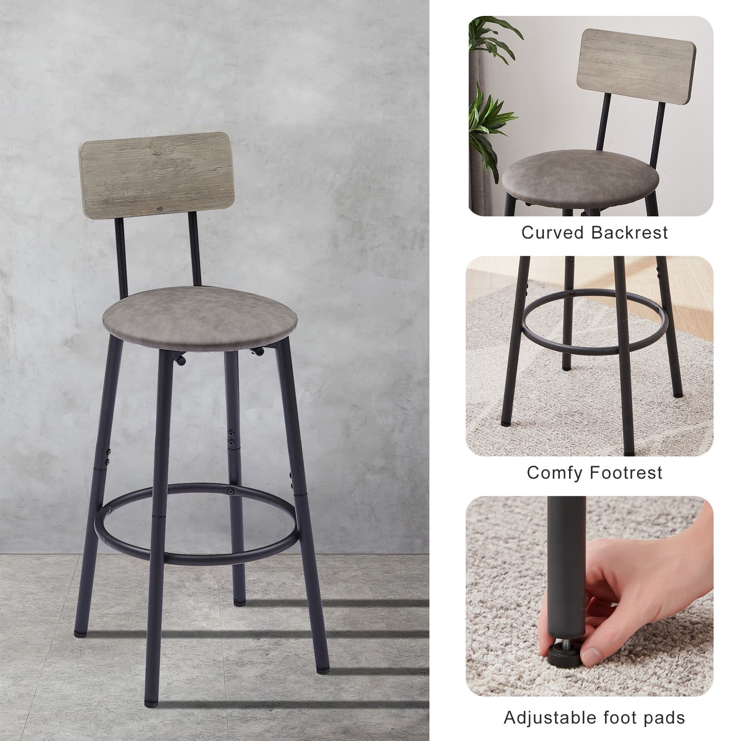 Bar Table Set with 4 Bar stools PU Soft seat with backrest Grey 47.24'' L x 23.62'' W x 35.43'' H - Korvel