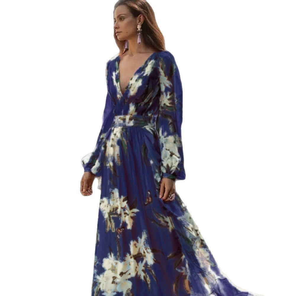 Winter New  Style V-Neck Long Sleeve Four-Way Stretch Printed Flared Dress - Korvel