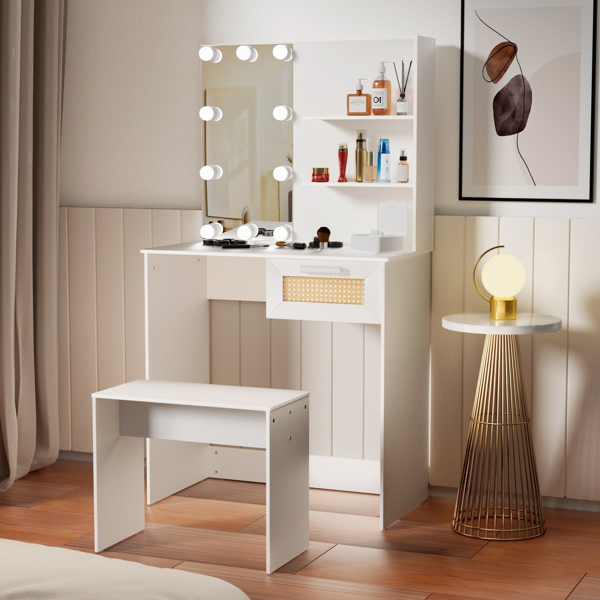 Vanity Desk Set Stool & Dressing Table with LED Lighting Mirror Drawer and Wood Cosmetic Table Chest of Drawers White Color - Korvel