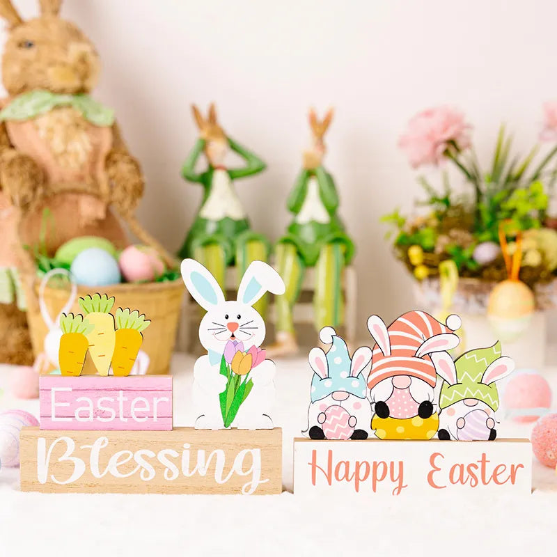Easter Rabbit Flower Hugging Wooden Ornament