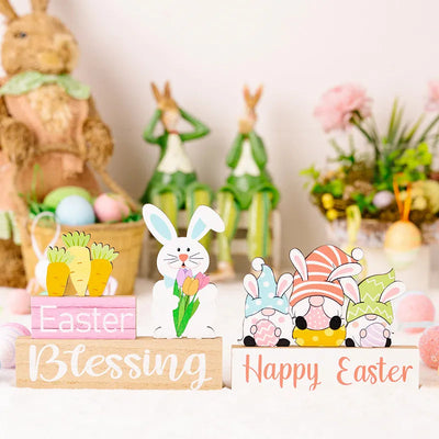 Easter Rabbit Flower Hugging Wooden Ornament