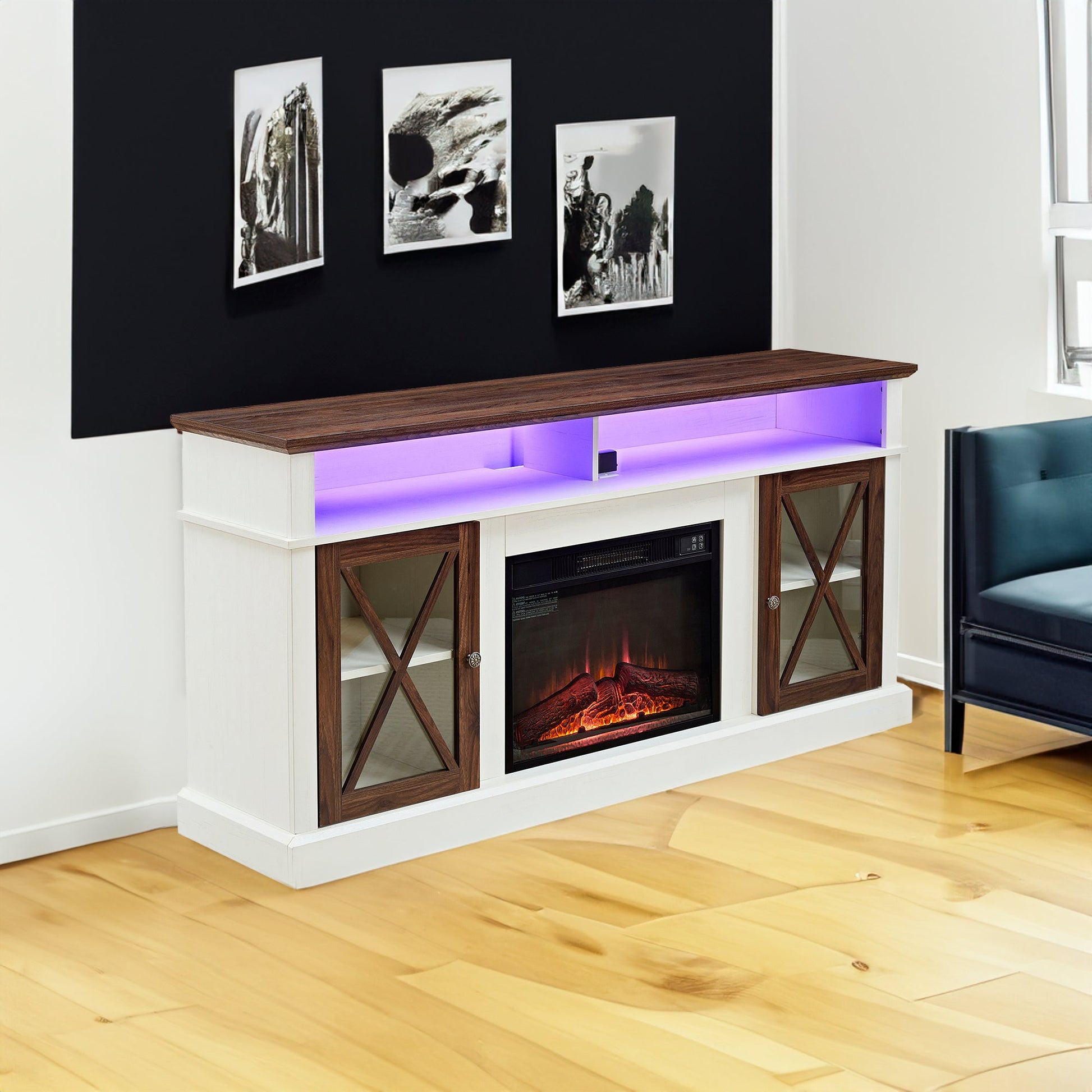 LED Farmhouse Style TV Stand for 65/70/75 inch TV with Outlet, Tall Body Media Entertainment Center Console - Korvel
