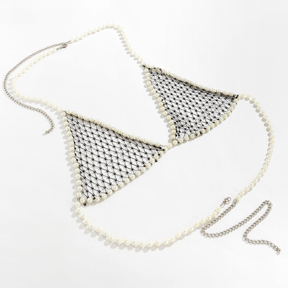 Women's sexy and simple imitation pearl woven chest chain set, new creative fishing net waist chain - Korvel