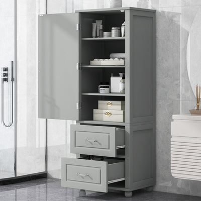 Tall Bathroom Storage Cabinet, Freestanding Storage Cabinet with Two Drawers and Adjustable Shelf, MDF Board , Grey - Korvel