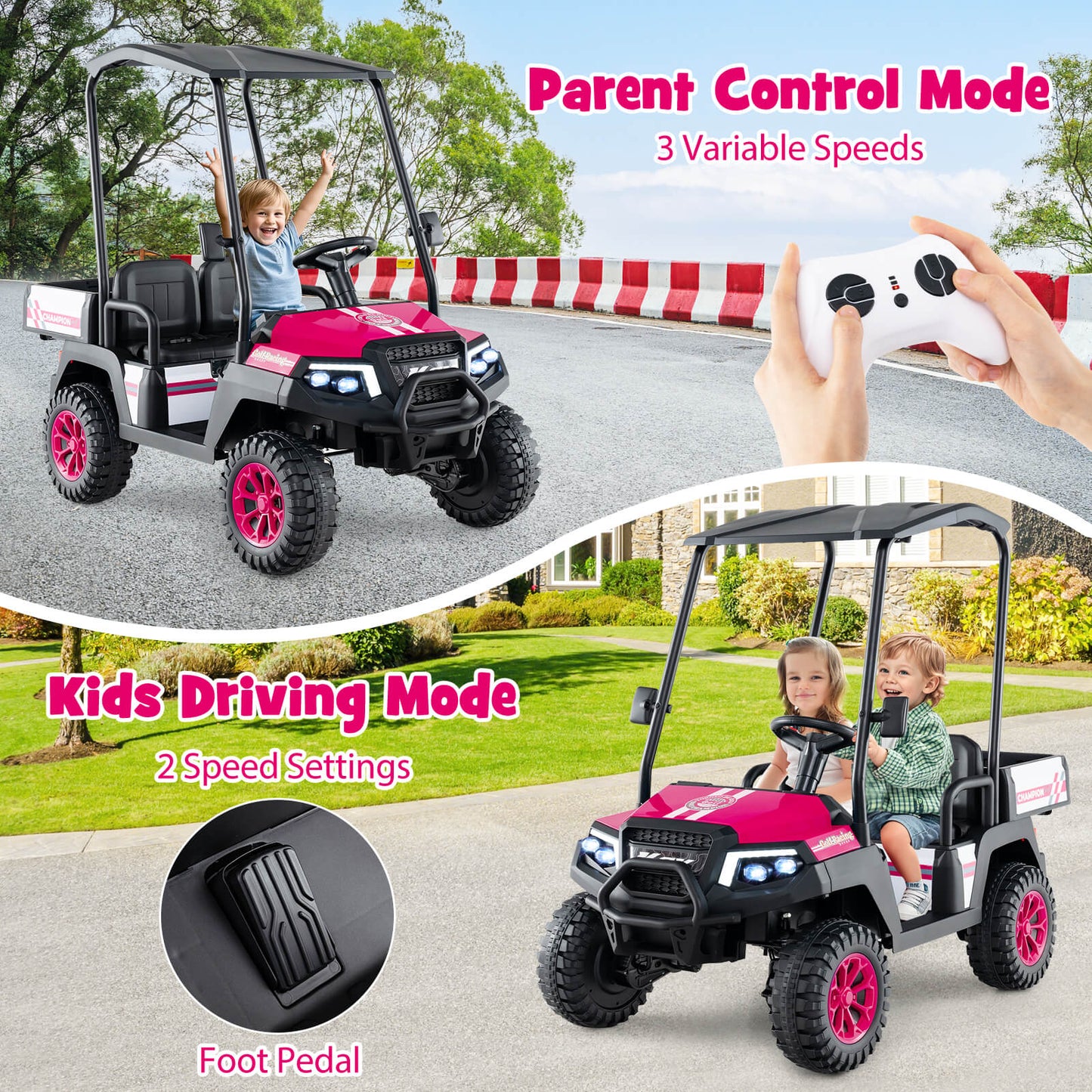 Voiture de golf pour enfants 24V 4WD 2 places - Rose