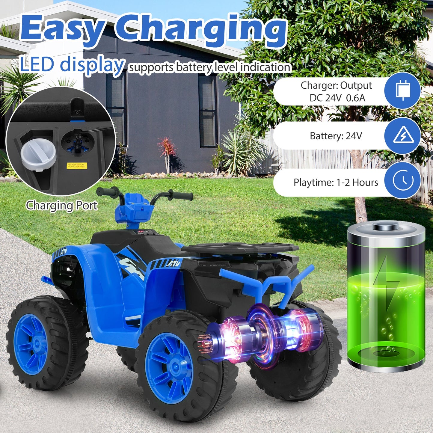 24V Kids Ride-On Electric ATV - Blue