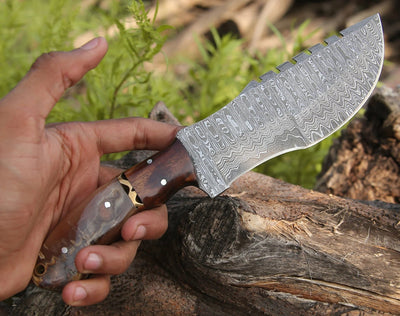 Premium Handmade Damascus Steel Tom Brown Tracker Knife with Unique Handle and Leather Sheath - Korvel