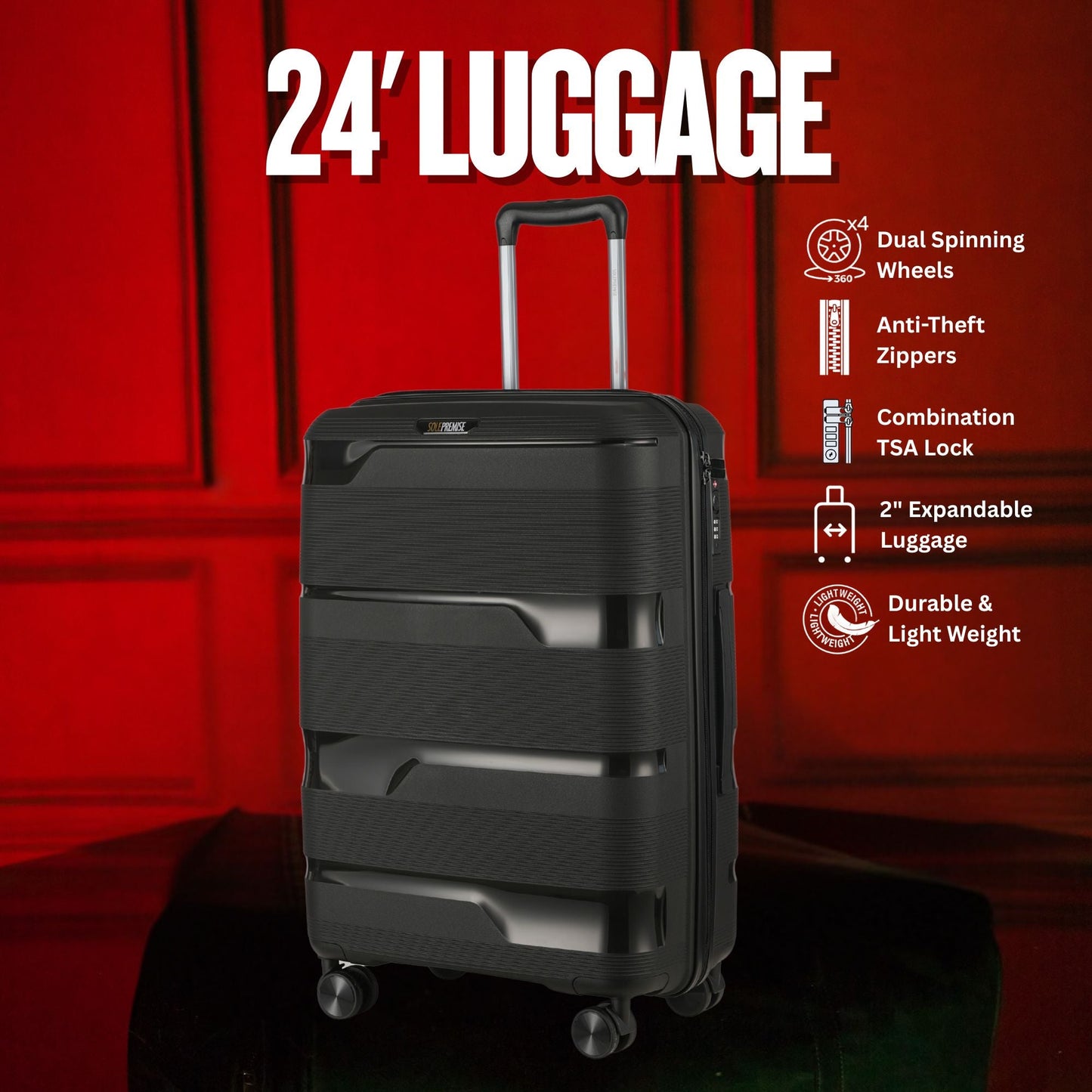 Stylish Black Hardcase Luggage Set - 28', 24', 20' Sizes - Korvel