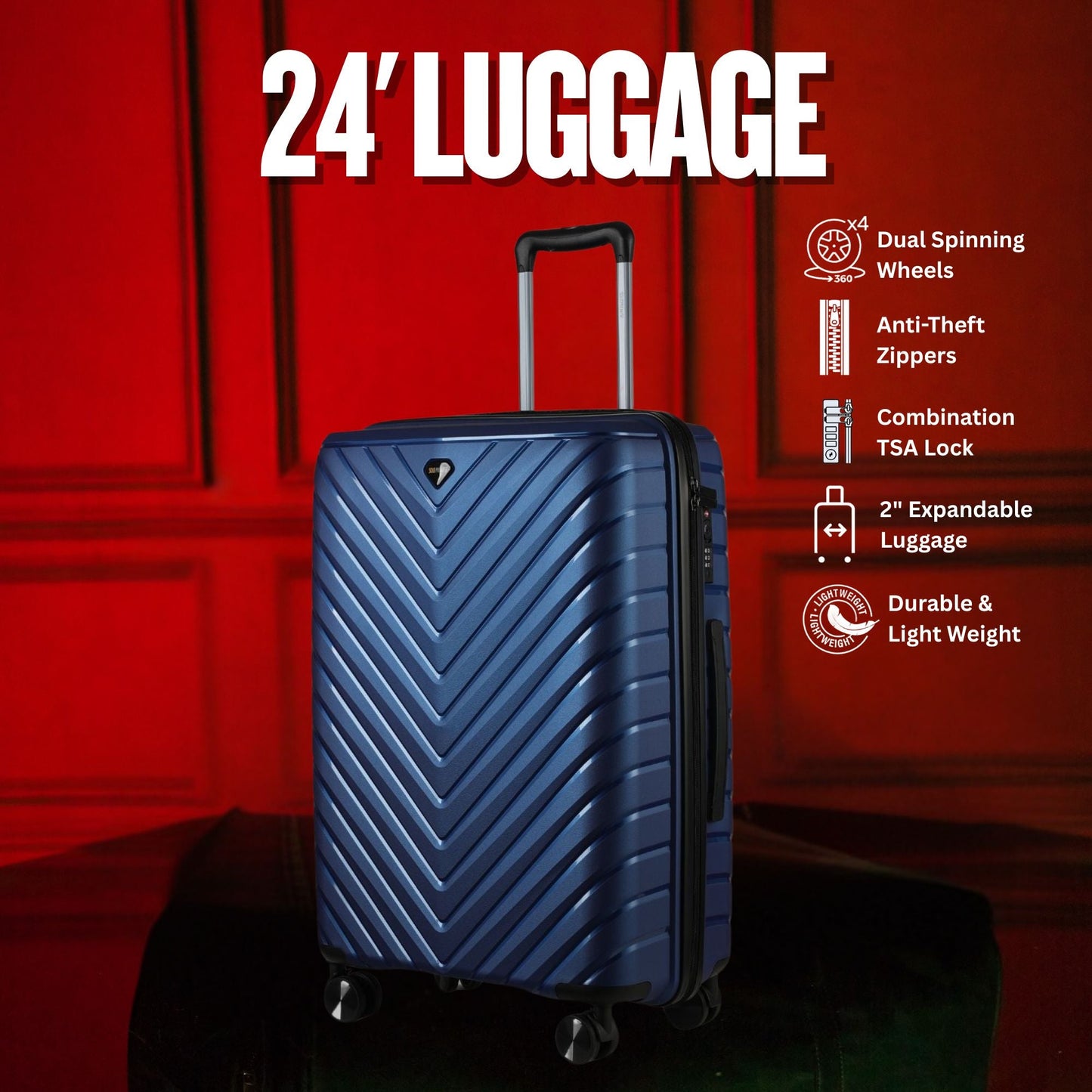 Stylish 24-Inch Blue Hardcase Spinner Luggage with TSA Lock - Korvel