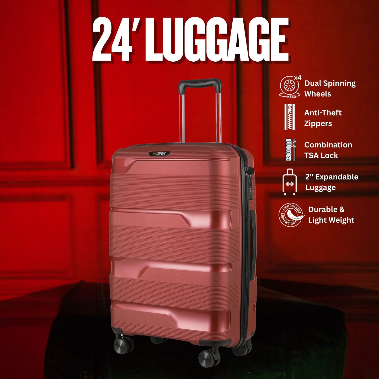 Maleta rígida roja de 24 pulgadas con ruedas de 360° y cerradura TSA