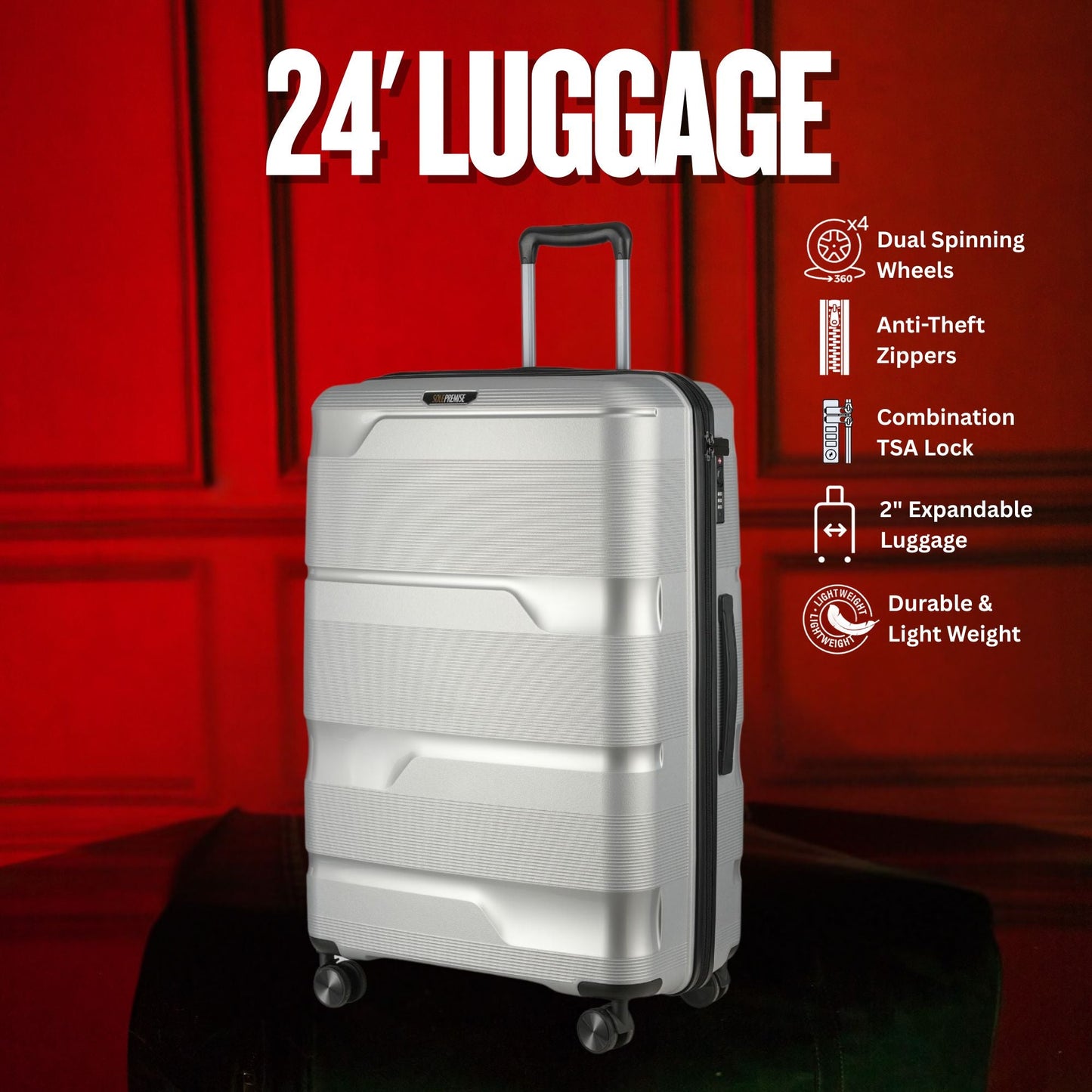 Stylish 24-Inch Silver Hardcase Spinner Luggage with TSA Lock - Korvel