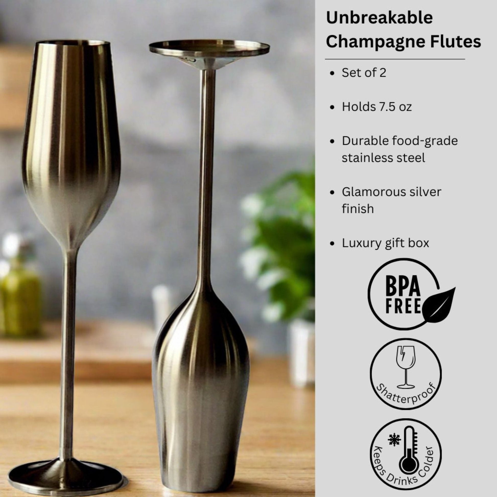Elegant Stainless Steel Champagne Flutes (Set of 2) - Korvel