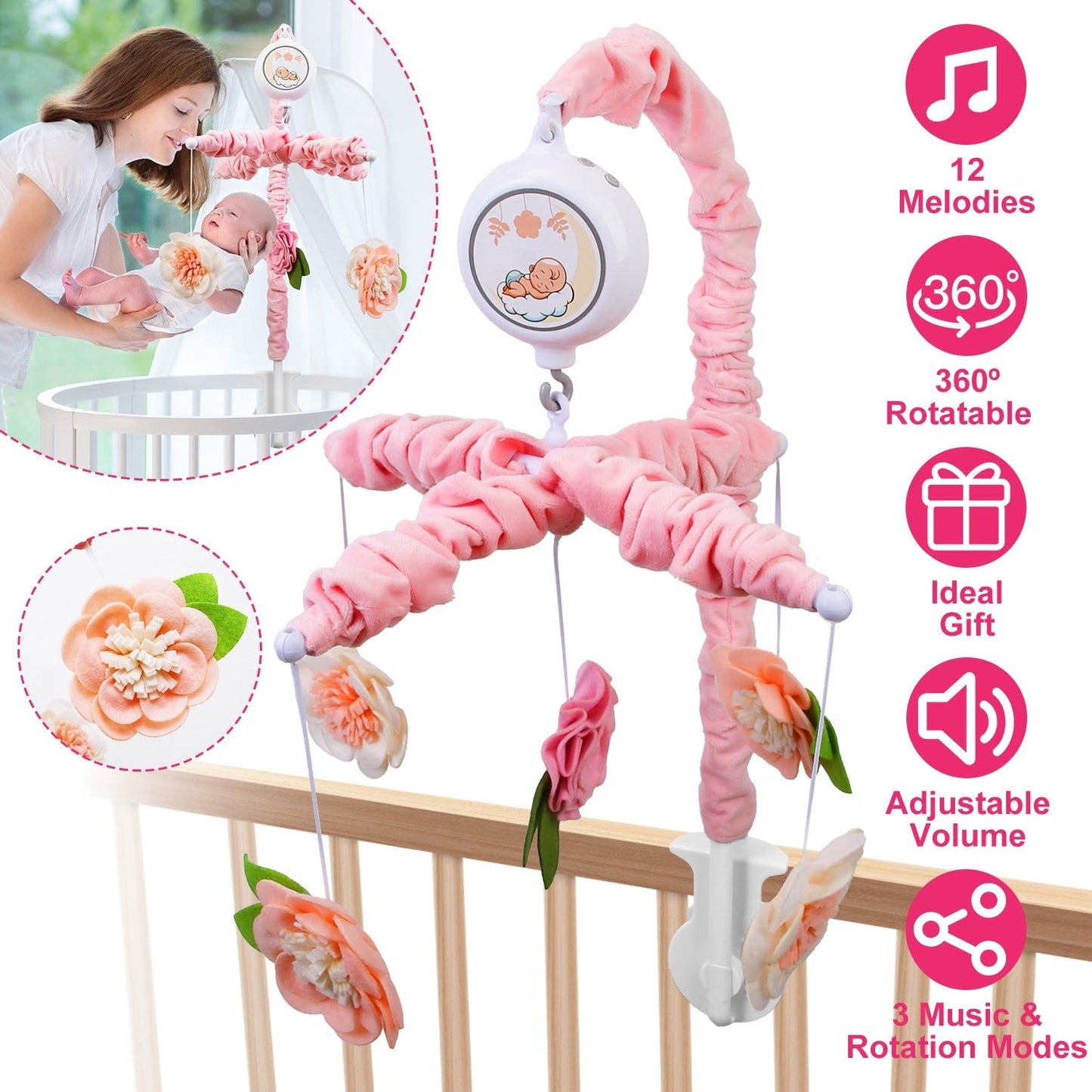 Mobile musical Gbruno pour filles - 12 mélodies et 5 hochets en fleurs
