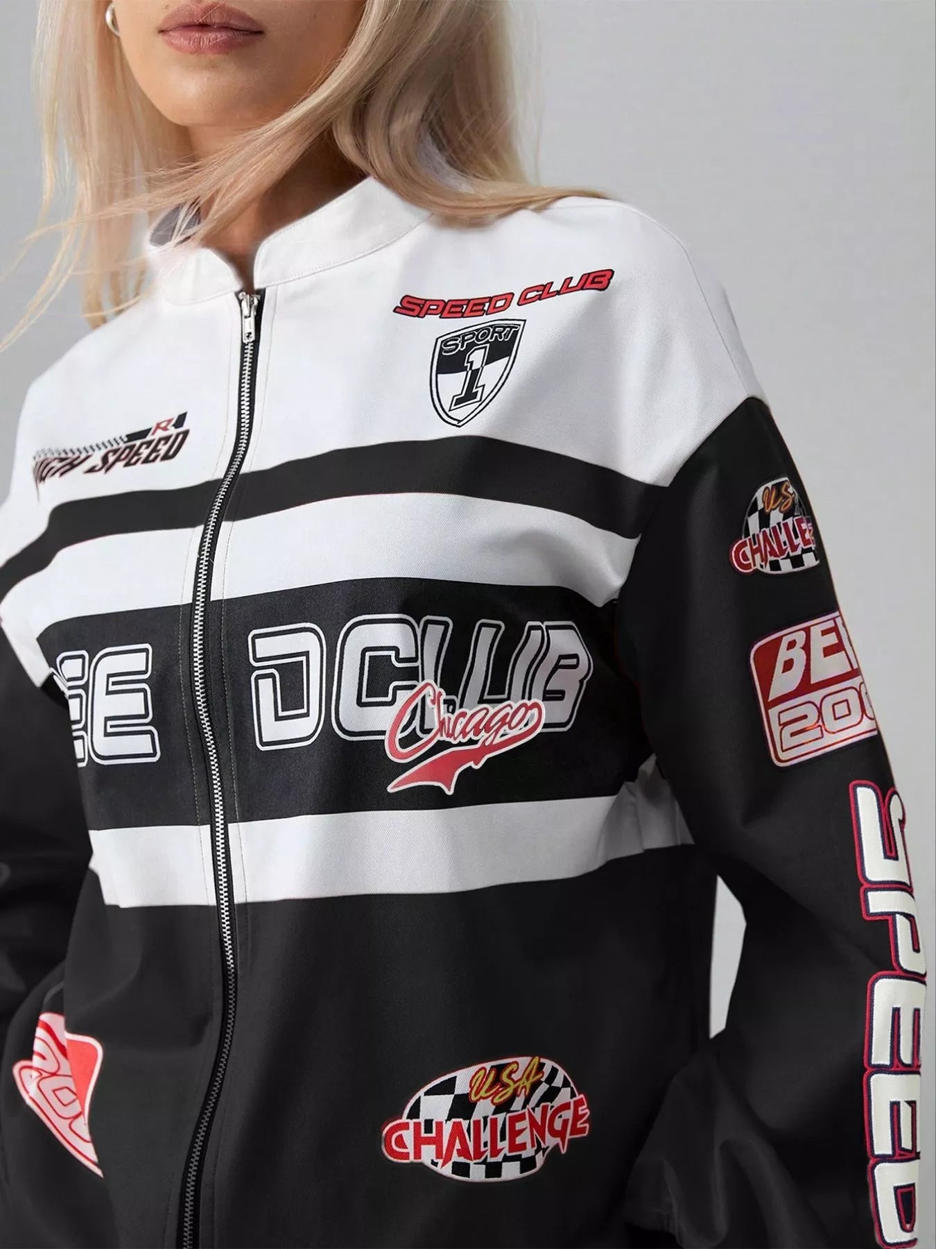 Veste à zip avec lettres et épaules tombantes